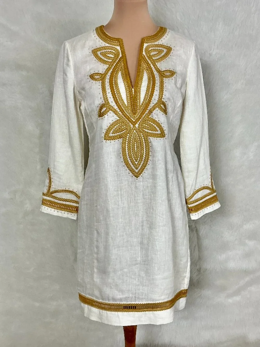 Tory Burch Ivory Yellow Gold Embroidered Linen Caftan Mini Dress Tunic 6